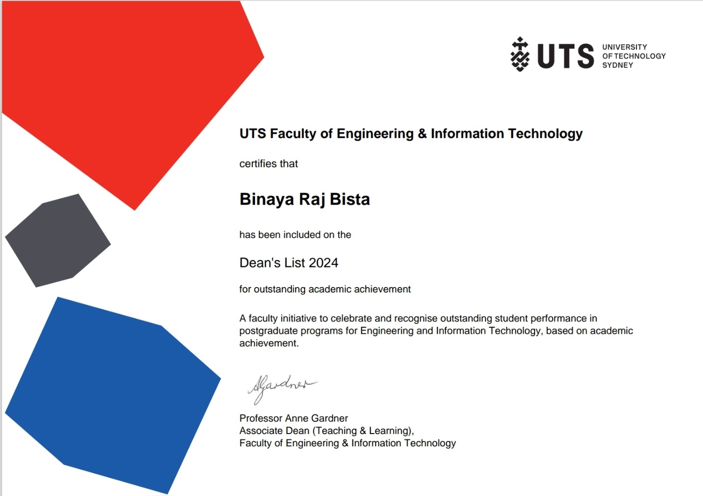 Dean's Listed Certificate from UTS